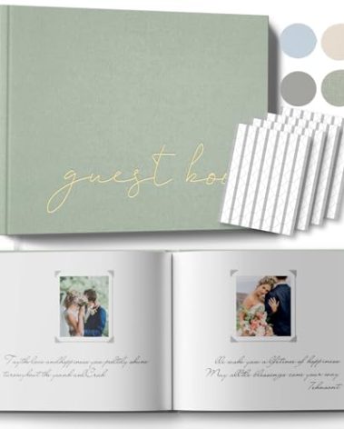 Wedding Guest Book with Table Sign and 216 Photo Corners Stickers, Linen Polaroid Guest Book for Wedding，Baby Shower - 100 Blank Pages Guestbook for Sign in and Photos- Sage 8”x10”