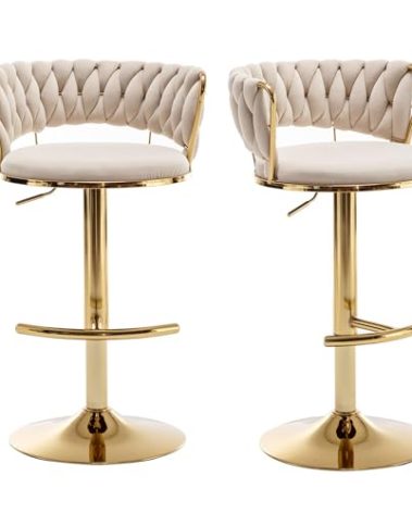 Riknuxi Velvet Bar Stools Set of 2, Counter Height Barstools with Low Back, Gold Swivel Bar Stool for Kitchen Island, Pub (Beige)