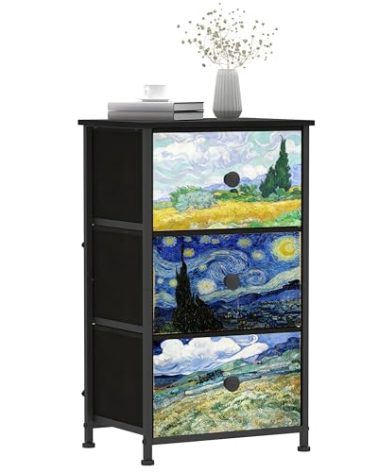 Welfuturer Dresser with 3 Drawers Van Gogh Drawer Dresser for Bedroom Narrow Nightstand Small Dressers & Chests of Drawers for Halfway Entryway Closets Living Room Sturdy Steel Frame Wood Top