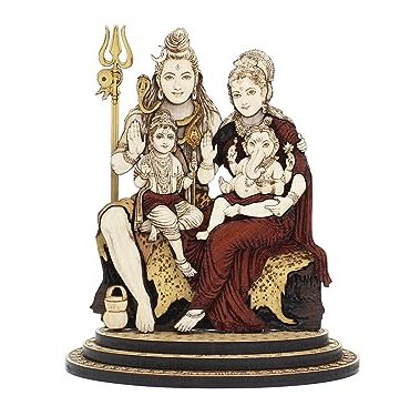 PLEASANTINO - 4 Inch Shiv Parivar Wood Carved Statue in Exotic Hard Woods - Multi Layered Hand Made Wooden Lord Shiva Family Idol for Car Dashboard, Home, Office, and Travel