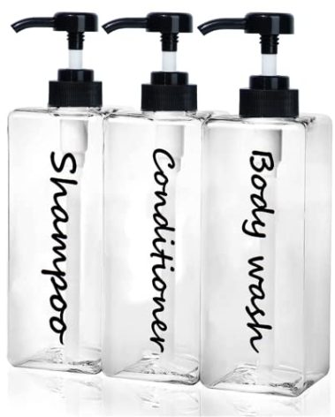 Shampoo Dispenser - Refillable Shampoo and Conditioner Bottles (Clear, Set of 3, 21oz) - Modern Shampoo Bottles for Shower Soap - Empty Shampoo Conditioner Body Wash Dispenser Set - for Bathroom
