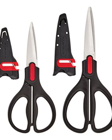 Farberware All Purpose and Utility scissors with Edgekeeper Sharpening Sheaths, Strong and Durable Multi Use Scissors, 2-Piece, Black/Red
