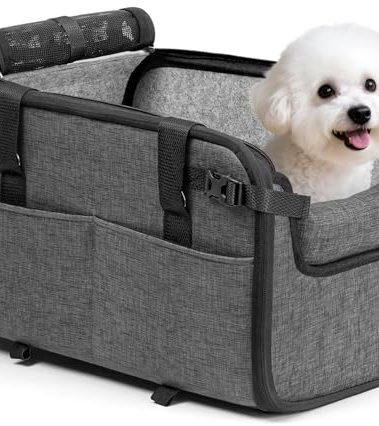 YUDODO Large Dog Car Seat for Center Console (Width＞9.5in) Fits 10-20lbs, Anti-Slip Puppy Cat Travel Portable Booster Seat, Luxury Pet Car Bed Carseat PU Leather Gray