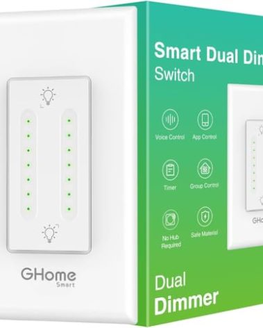 GHome Smart Dual Dimmer Switch, Space Saving, 2 in 1 Control, WiFi Smart Light Switch Compatible with Alexa and Google Home, Neutral Wire Required, Voice Control, Single-Pole (1 Pack)