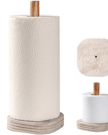 Natural Travertine Textures Standing Paper Towel Holder for Kitchen Countertop, Bathroom Toliet Paper Roll Holder with Weighted Base and Sturdy Wood Stand,for Standard or Plus Rolls, Height-Adjustable