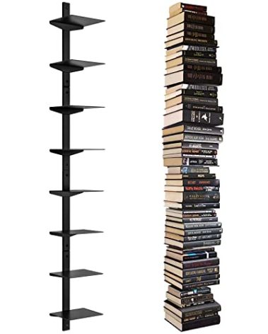 ART-GIFTREE Floating Book Shelves for Wall, 8 Tier Invisible Floating Bookshelf, Vertical Spine Book Tower, Wall Mounted & Space Saving, Heavy Duty Metal Book Organizer for Home Office, 4 Pack Black