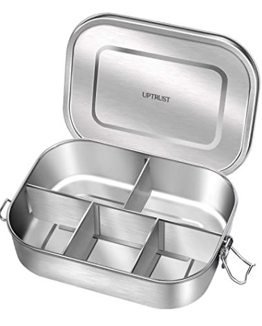 UPTRUST Stainless Steel Bento Lunch Food Box Container, 5-Compartment Large 1400ML Metal Bento Lunch Box Container for Kids or Adults with Lockable Clips to Leak Proof