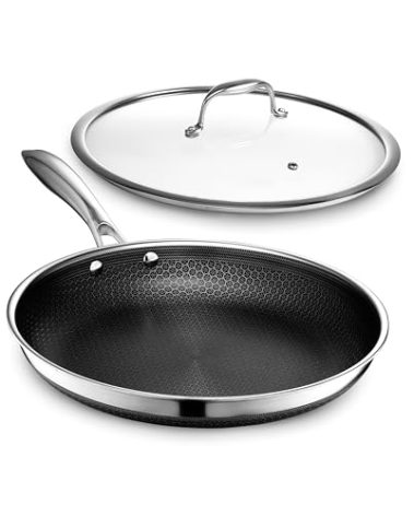 HexClad Hybrid Nonstick 12-Inch Frying Pan with Tempered Glass Lid, Stay-Cool Handle, Dishwasher-Friendly, Oven-Safe Up to 900°F, Induction Ready, Compatible with All Cooktops