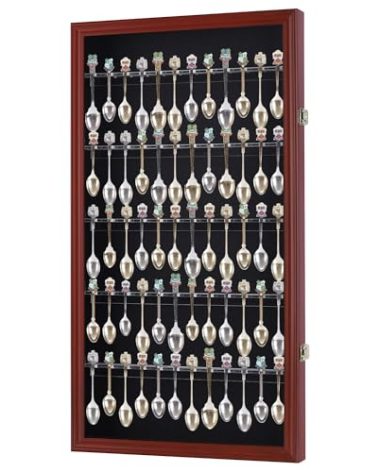 DisplayGifts 60 Souvenir Spoon Tea Spoon Display Case Rack Holder Wall Cabinet Collection Frame with UV Protection, Lockable Door (Cherry Finish)