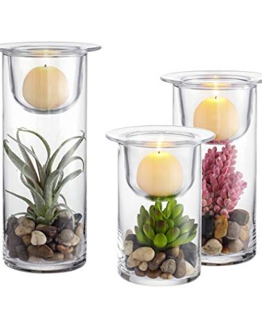 Set of 3 Cylinder Glass Succulent/Decorative Hurricane Candle Holder with Decorative Cobblestones and Artificial Plants (No Candles) - Unique Accent for Home and Table Decorative Christmas Ornaments