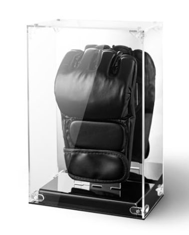 MMA Glove Display Case with Mirror Back, Single Holder, Acrylic Kickboxing Sparring Glove Half Finger Boxing Glove Display Case with Solid Base Stand, Watch The Video to Assemble