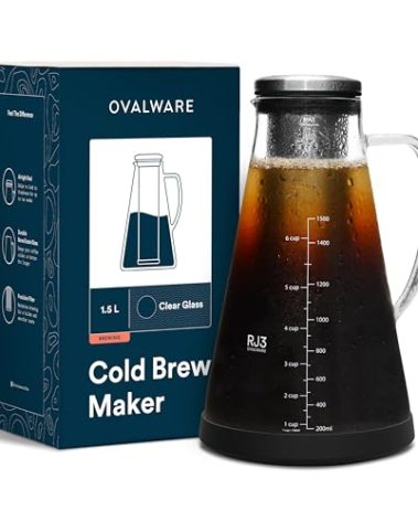 OVALWARE Airtight Cold Brew Iced Coffee Maker Pitcher (& Iced Tea Maker) with Spout – 1.5L/ 51oz Brewing Glass Carafe with Removable Stainless Steel Filter