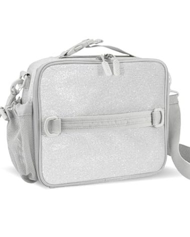 Bentgo Kids Lunch Bag - Double-Insulated, Reusable Lunch Bag for Kids 3+ with Adjustable Strap; Holds Lunch Box/Water Bottle/Snacks; Easy-Clean, Water-Resistant & Pockets (Glitter Edition - Silver)