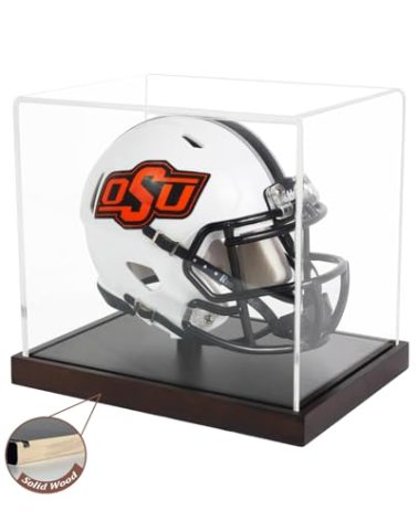 ZQYALPSID Mini Helmet Display Case, Acrylic Clear 1/2 Football Baseball Helmet Display Case, One Piece Collection Case with Wooden Base,Ideal Gift for Sports Fans and Enthusiasts (7×5.2×6 Inches)