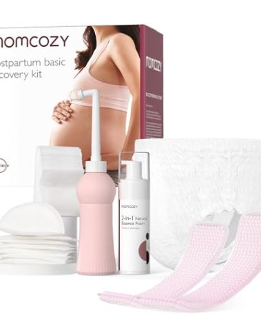 Momcozy Postpartum Recovery Essentials Kit, Labor Delivery Mom Care Kit, Self-Absorbent Disposable Underwear Nipple Nursing Pads Upside Down Peri Bottle Cold Pads Cooling Foam Canvas Bag Set