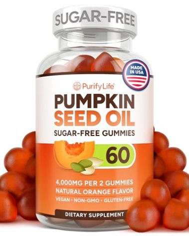 Sugar-Free Pumpkin Seed Oil Gummies (4,000mg/serving) Pumpkin Seed Oil for Hair Growth, Youthful Skin, Prostate Health, Immune & Urinary Tract Support-Natural Source of Essential Fatty Acids-60 Chews