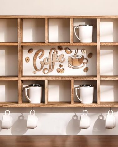Cinnvoice Oversize Coffee Mug Display Shelf for Wall Wood Coffee Mug Holder Hooks Organizer Wall Mounted Rack with Bar Sign Decor for Kitchen Station Bar Accessories(Brown)