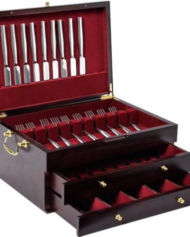 GENRICE Wooden Silverware Chest without Silverware Three-layer, Silverware Box Storage for Silver, Silverware Case with Handle and Felt Lined, Flatware Chest for 12 or 16 or more sets of Utensils