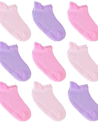 Toddler Socks with Grippers, Anti Slip, Ankle Grip - For Boys & Girls 1-3 Years, Girls - 9 Pairs