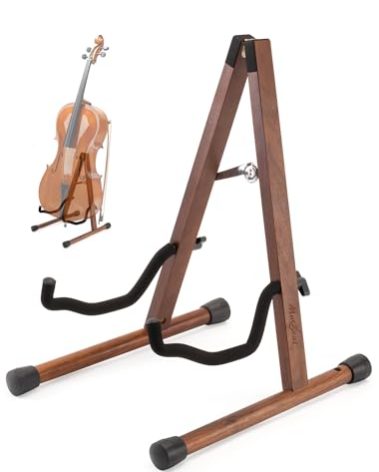 Musbeat A-Shape Cello Stand with Bow Holder, Stable & Secure, Walnut Wood Floor Stand with Padded Foam for 1/2, 3/4, 7/8, 4/4 Full-Size Cello, Guitar