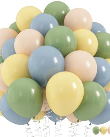 Sage Green Dusty Blue Yellow Balloons Set, 60Pcs 12 Inch Olive Green Macaron Yellow Slate Blue White Sand Cream Latex Balloons for Birthday Wedding Baby Shower Wild One Party Deocrations Supplies