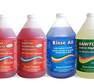 Quality Chemical Commercial Dishwashing Kit/4 Gallon Combo Pack - Dishwash (2 Pack), Rinse All (1 Pack), Chloro Guard Low Temp (1 Pack)/Food Grade Sanitizer for Restaurant Dishwasher Sanitizer