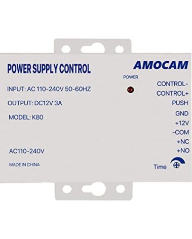 AMOCAM K80 Power Supply Control, AC 110-240V to DC 12V Power Supply for Door Access Control System, Video Doorbell, Electric Strike Lock, Bolt Lock, Magnetic Lock, Power Supply Controller