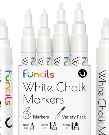 Funcils 6 White Chalk Markers for Chalkboard (6 Pack - 1mm Extra Fine + 3mm Fine Tip + 6mm Bold) | White Liquid Chalkboard Markers Erasable, Dry Erase Chalk Pens for Window, Bistro, Glass, Calendar