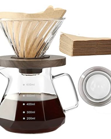 Lalord Pour Over Coffee Maker, 20 oz Borosilicate Glass Carafe with 100 pcs V60 Paper Filter by Gsform, Walnut Handle & Glass Lid, Drip Coffee Maker for Home Café Restaurant Camping, 600 ml, Clear