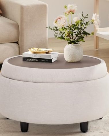 COLAMY Fabric Round Storage Ottoman with Reversible Tray Lid – Multi-Functional Footrest, Hidden Storage, Sturdy & Stylish Small Coffee Table for Living Room, Bedroom, or Entryway(Beige)