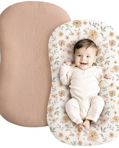 Konssy Muslin Baby Lounger Cover 2 Pack, 100% Cotton Newborn Lounger Cover, Soft and Breathable Baby Nest Slipcover for Boys Girls (Peach, Flowers)
