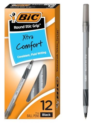 BIC Round Stic Grip Xtra-Comfort Ballpoint Pens, Medium Point, 1.2 mm, Gray Barrel, Black Ink, Pack Of 12 Pens