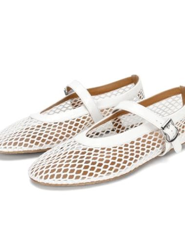 DOEYG Mesh Ballet Flats for Women Round Toe Mesh Flats Ballet Shoes Buckle Strap Mesh Mary Jane Flats Comfy Casual Office Summer Fishnet Ballerina Flats Shoes White