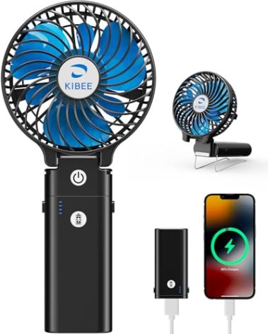 KIBEE Portable Handheld Fan - 5200mAh USB Rechargeable [20H Max Runtime] with Power Bank, Foldable 180° Mini Personal Fan, 3-Speed with Stand for Travel/Outdoor/Makeup/Concerts (Black)