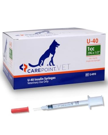 Carepoint Vet U-40 Pet Insulin Syringes, 29G x 1/2" 1cc, Comfortable Injection, Bold Permanent Markings for Accurate Dosage, Disposable, Box of 100