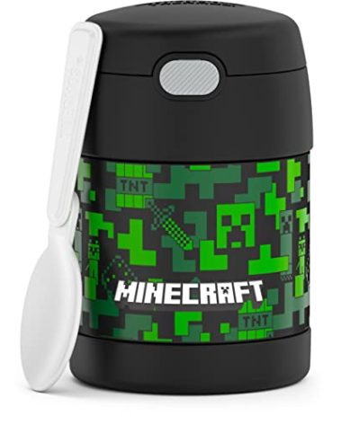 THERMOS FUNTAINER Insulated Food Jar – 10 Ounce – Kid Friendly Food Jar with Foldable Spoon, Minecraft