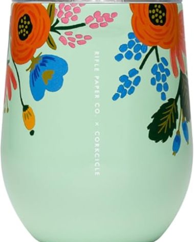 Corkcicle x Rifle Paper Co. Stemless Insulated Wine Glass Tumbler, Mint Lively Floral, 12 oz – Stainless Steel Stemless Wine Glass Keeps Beverages Cold 6hrs, Hot 3hrs – Non-Slip, Easy-Grip Insulated