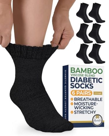 Pembrook Bamboo Viscose Diabetic Socks for Women & Men - 6 Pairs Ankle Socks for Swollen Feet | Neuropathy Socks | Ankle Neuropathy Socks for Men | Stretch Top Mens Diabetic Socks | Black