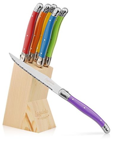 Chopmate Laguiole Premium Steak Knife Set - 4.5 inch - Vibrant Multi Color Edition - Razor Sharp Kitchen Knives - Forged Stainless Steel - Full Tang Handle - 6 Piece Set + Wood Storage Display Block
