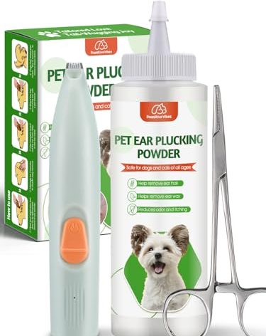 Dog Ear Powder Set, Dog Ear Powder for Hair Removal 30g , 5.5 Inch Hemostat and Dog Clippers for Grooming, Dog Ear Infection Treatment ，Removing Earwax and Odour，Relief of Itching（greener 3pcs)