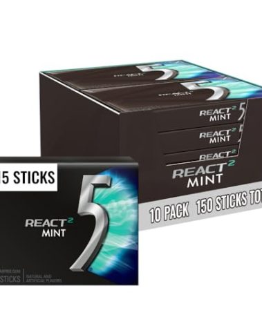 5 GUM React Mint Sugar Free Chewing Gum Bulk, 15 Stick (10 Pack)