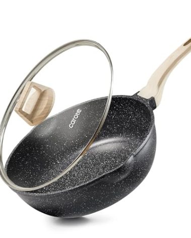 CAROTE 12Inch Nonstick Deep Frying Pan with Lid, 5.5 Qt Jumbo Cooker Saute Pan with Pour Spout, Skillet Induction Cookware, Non Stick Cooking Pan PFOA Free, Classic Granite
