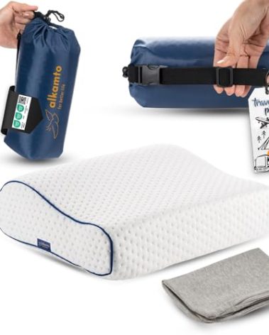 alkamto Travel & Camping Comfortable Memory Foam Pillow – Easy to Carry Portable Bag – Temperature Regulating Pillow Case (White Contour + Extra Cover)