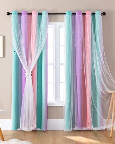 XiDi Curtains for Girls Bedroom Decor, Rainbow Blackout Curtains for Kids/Little Girl Room Decor, Unicorn Wall Decals,Pink Purple Green,63 x 34 inches,1 Panel