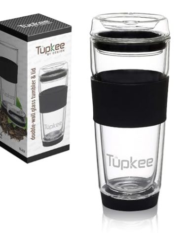 Tupkee Double Wall Glass Tumbler - 14-Ounce, All Glass Reusable Insulated Tea/Coffee Mug & Lid, Hand Blown Glass Travel Mug - Black
