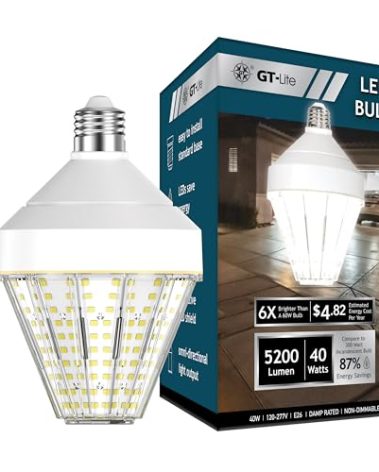 GT-Lite 5200 Lumen LED Corn Cob Light Bulb, 40-watt, 300-watt Equivalent, Daylight 5000K Light Color, E26 Base, Made in USA, Garage Light Bulb, Energy Saving LED Light for Indoor Outdoor Use. 1-Pack