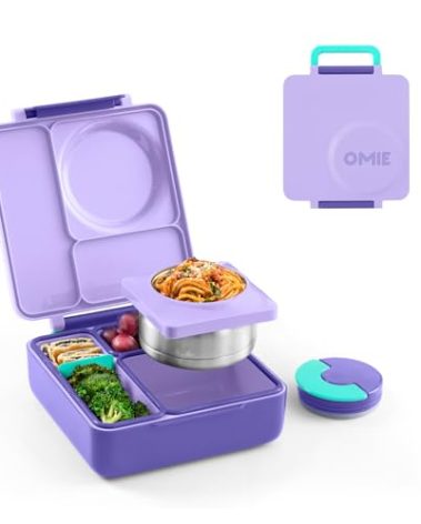 OmieBox Bento Box for Kids - Insulated Bento Lunch Box with Leak Proof Vacuum Insulated Food Jar - 3 Compartments, Two Temperature Zones (Purple Plum)