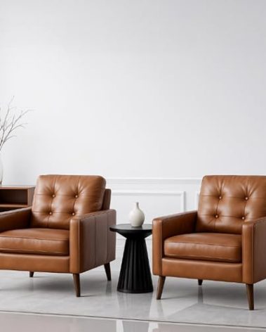 Wahson Accent Chairs Set of 2, Faux Leather Tufted Single Sofa, Brown Oversized Club Chair, Mid Century Modern Armchair with Wood Legs for Reading/Living Room/Bedroom