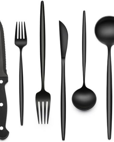 Black Silverware Set with Steak Knives, 24-Piece Stainless Steel Black Flatware Set for 4, Food-Grade Tableware Cutlery Set, Utensil Sets for Home Restaurant, Mirror Finish, Dishwasher Safe