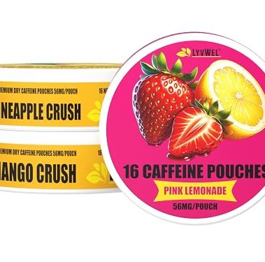 LyvWel 56mg Caffeine Energy Pouches – Pink Lemonade, Pineapple Crush, Mango Crush – Fruity Clean Energy & Focus Boost with Guarana – 3-Pack Sampler (48 Total Pouches)